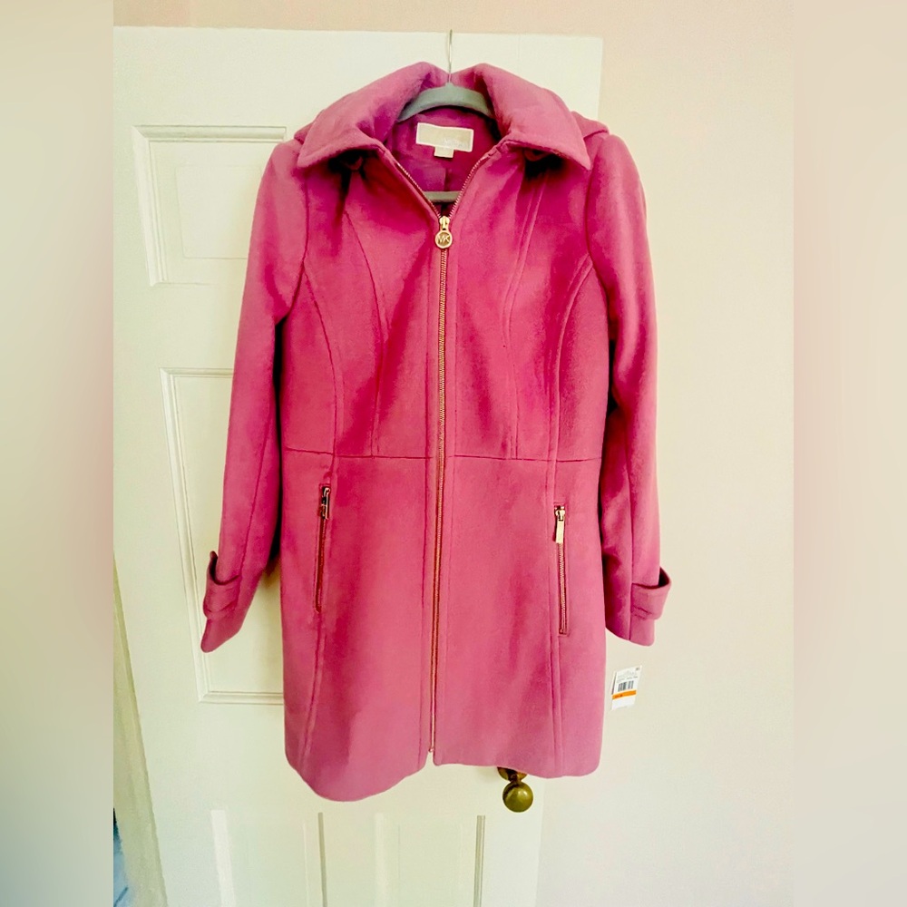 Gorgeous pink rose Michael Kors wool coat detachable hood nwt. Small.